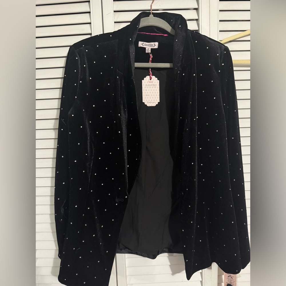 Nanette Lepore Black Velvet Crystal-Studded Open Blazer